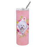Caroline'S Treasures Bichon Fris #2 Pink Flowers Double Walled Stainless Steel 20 Oz Skinny Travel-Insulated-Tumblers, Multico