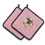 Caroline'S Treasures Ck4123Pthd Brussels Griffon Pink Flowers Pair Of Pot Holders Potholders, Multicolor