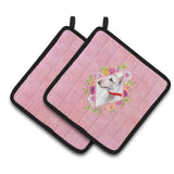 Caroline'S Treasures Ck4124Pthd Bull Terrier Pink Flowers Pair Of Pot Holders Potholders, Multicolor