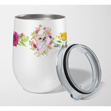 Caroline'S Treasures Long Hair Chihuahua Pink Flowers Stainless Steel 12 Oz Stemless Wine Glass Travel-Insulated-Tumblers, Mul