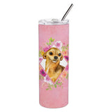 Caroline'S Treasures Chihuahua #1 Pink Flowers Double Walled Stainless Steel 20 Oz Skinny Travel-Insulated-Tumblers, Multicolo