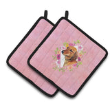 Caroline'S Treasures Ck4134Pthd Dachshund Red #1 Pink Flowers Pair Of Pot Holders Potholders, Multicolor