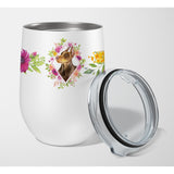 Caroline'S Treasures Doberman Pinscher Pink Flowers Stainless Steel 12 Oz Stemless Wine Glass Travel-Insulated-Tumblers, Multi