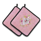 Caroline'S Treasures Ck4140Pthd English Bulldog Pink Flowers Pair Of Pot Holders Potholders, Multicolor