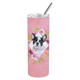 Caroline'S Treasures French Bulldog Pink Flowers Double Walled Stainless Steel 20 Oz Skinny Travel-Insulated-Tumblers, Multico
