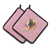 Caroline'S Treasures Ck4145Pthd German Boxer Pink Flowers Pair Of Pot Holders Potholders, Multicolor