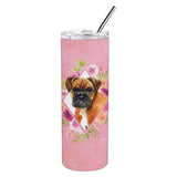 Caroline'S Treasures German Boxer Pink Flowers Double Walled Stainless Steel 20 Oz Skinny Travel-Insulated-Tumblers, Multicolo