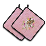 Caroline'S Treasures Ck4146Pthd German Shepherd #1 Pink Flowers Pair Of Pot Holders Potholders, Multicolor