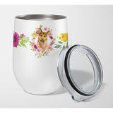 Caroline'S Treasures German Shepherd #2 Pink Flowers Stainless Steel 12 Oz Stemless Wine Glass Travel-Insulated-Tumblers, Mult