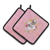 Caroline'S Treasures Ck4152Pthd Siberian Husky #2 Pink Flowers Pair Of Pot Holders Potholders, Multicolor