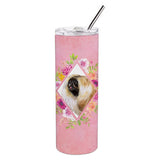 Caroline'S Treasures Pekingese Pink Flowers Double Walled Stainless Steel 20 Oz Skinny Travel-Insulated-Tumblers, Multicolor