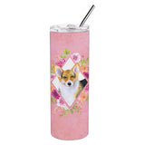 Caroline'S Treasures Corgi Pink Flowers Double Walled Stainless Steel 20 Oz Skinny Travel-Insulated-Tumblers, Multicolor