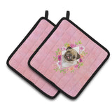 Caroline'S Treasures Ck4174Pthd Fawn Pug Pink Flowers Pair Of Pot Holders Potholders, Multicolor
