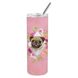 Caroline'S Treasures Fawn Pug Pink Flowers Double Walled Stainless Steel 20 Oz Skinny Travel-Insulated-Tumblers, Multicolor