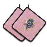 Caroline'S Treasures Ck4176Pthd Russian Black Terrier Pink Flowers Pair Of Pot Holders Potholders, Multicolor