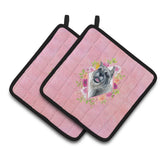 Caroline'S Treasures Ck4179Pthd Schnauzer Pink Flowers Pair Of Pot Holders Potholders, Multicolor