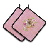 Caroline'S Treasures Ck4181Pthd Shar Pei Pink Flowers Pair Of Pot Holders Potholders, Multicolor