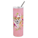 Caroline'S Treasures Shiba Inu Pink Flowers Double Walled Stainless Steel 20 Oz Skinny Travel-Insulated-Tumblers, Multicolor