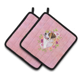 Caroline'S Treasures Ck4186Pthd Saint Bernard #1 Pink Flowers Pair Of Pot Holders Potholders, Multicolor