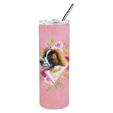 Caroline'S Treasures Saint Bernard #2 Pink Flowers Double Walled Stainless Steel 20 Oz Skinny Travel-Insulated-Tumblers, Multi