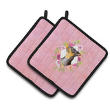 Caroline'S Treasures Ck4196Pthd Black Miniature Pinscher Pink Flowers Pair Of Pot Holders Potholders, Multicolor