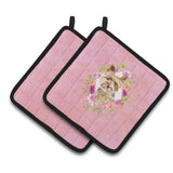 Caroline'S Treasures Ck4197Pthd Yorkie Pink Flowers Pair Of Pot Holders Potholders, Multicolor
