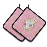 Caroline'S Treasures Ck4200Pthd White Standard Poodle Pink Flowers Pair Of Pot Holders Potholders, Multicolor