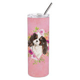 Caroline'S Treasures Tricolor Cavalier Spaniel Pink Flowers Stainless Steel 20 Oz Skinny Travel-Insulated-Tumblers, Multicolor
