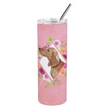 Caroline'S Treasures Dachshund Pink Flowers Double Walled Stainless Steel 20 Oz Skinny Travel-Insulated-Tumblers, Multicolor