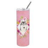 Caroline'S Treasures Siberian Husky Pink Flowers Double Walled Stainless Steel 20 Oz Skinny Travel-Insulated-Tumblers, Multico