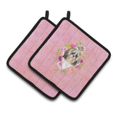 Caroline'S Treasures Ck4212Pthd Shih Tzu Pink Flowers Pair Of Pot Holders Potholders, Multicolor