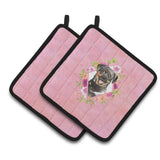 Caroline'S Treasures Ck4217Pthd Rottweiler Pink Flowers Pair Of Pot Holders Potholders, Multicolor