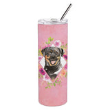 Caroline'S Treasures Rottweiler Pink Flowers Double Walled Stainless Steel 20 Oz Skinny Travel-Insulated-Tumblers, Multicolor,