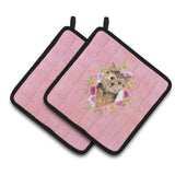 Caroline'S Treasures Ck4220Pthd Norwich Terrier Pink Flowers Pair Of Pot Holders Potholders, Multicolor