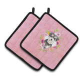 Caroline'S Treasures Ck4222Pthd Schnauzer #2 Pink Flowers Pair Of Pot Holders Potholders, Multicolor