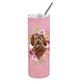 Caroline'S Treasures Labradoodle Pink Flowers Double Walled Stainless Steel 20 Oz Skinny Travel-Insulated-Tumblers, Multicolor