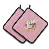 Caroline'S Treasures Ck4240Pthd English Bulldog Pink Flowers Pair Of Pot Holders Potholders, Multicolor