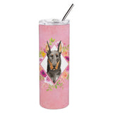 Caroline'S Treasures Doberman Pinsher Pink Flowers Double Walled Stainless Steel 20 Oz Skinny Travel-Insulated-Tumblers, Multi