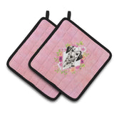 Caroline'S Treasures Ck4242Pthd Dalmatian Pink Flowers Pair Of Pot Holders Potholders, Multicolor