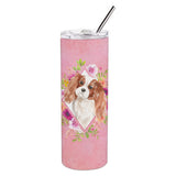 Caroline'S Treasures Blenheim Cavalier Spaniel Pink Flowers Stainless Steel 20 Oz Skinny Travel-Insulated-Tumblers, Multicolor