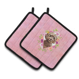 Caroline'S Treasures Ck4253Pthd Chocolate Cockapoo Pink Flowers Pair Of Pot Holders Potholders, Multicolor