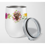 Caroline'S Treasures Chocolate Cockapoo Pink Flowers Stainless Steel 12 Oz Stemless Wine Glass Travel-Insulated-Tumblers, Mult