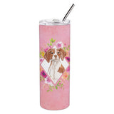 Caroline'S Treasures Brittany Spaniel Pink Flowers Double Walled Stainless Steel 20 Oz Skinny Travel-Insulated-Tumblers, Multi