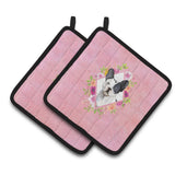 Caroline'S Treasures Ck4260Pthd Black And White Frenchie Pink Flowers Pair Of Pot Holders Potholders, Multicolor