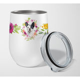 Caroline'S Treasures Black And White Frenchie Pink Flowers Stainless Steel 12 Oz Stemless Wine Glass Travel-Insulated-Tumblers