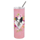 Caroline'S Treasures Black And White Frenchie Pink Flowers Stainless Steel 20 Oz Skinny Travel-Insulated-Tumblers, Multicolor,