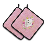 Caroline'S Treasures Ck4263Pthd Bichon Frise Pink Flowers Pair Of Pot Holders Potholders, Multicolor