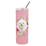 Caroline'S Treasures Bichon Frise Pink Flowers Double Walled Stainless Steel 20 Oz Skinny Travel-Insulated-Tumblers, Multicolo
