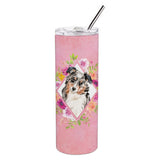 Caroline'S Treasures Australian Shepherd Pink Flowers Double Walled Stainless Steel 20 Oz Skinny Travel-Insulated-Tumblers, Mu