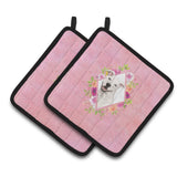 Caroline'S Treasures Ck4268Pthd White Pit Bull Terrier Pink Flowers Pair Of Pot Holders Potholders, Multicolor